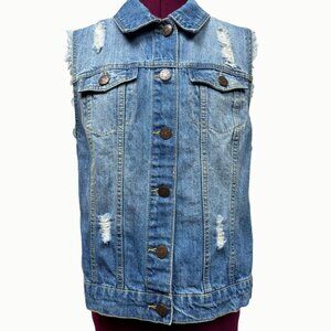 BDG Distressed Blue Denim Sleeveless Button Up Vest Jean Jacket Womens L